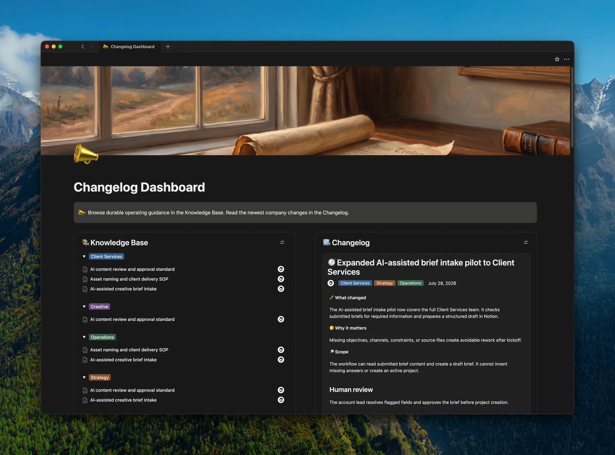 The dashboard pairs a scannable company changelog with durable workflow guidance in a related knowledge base.