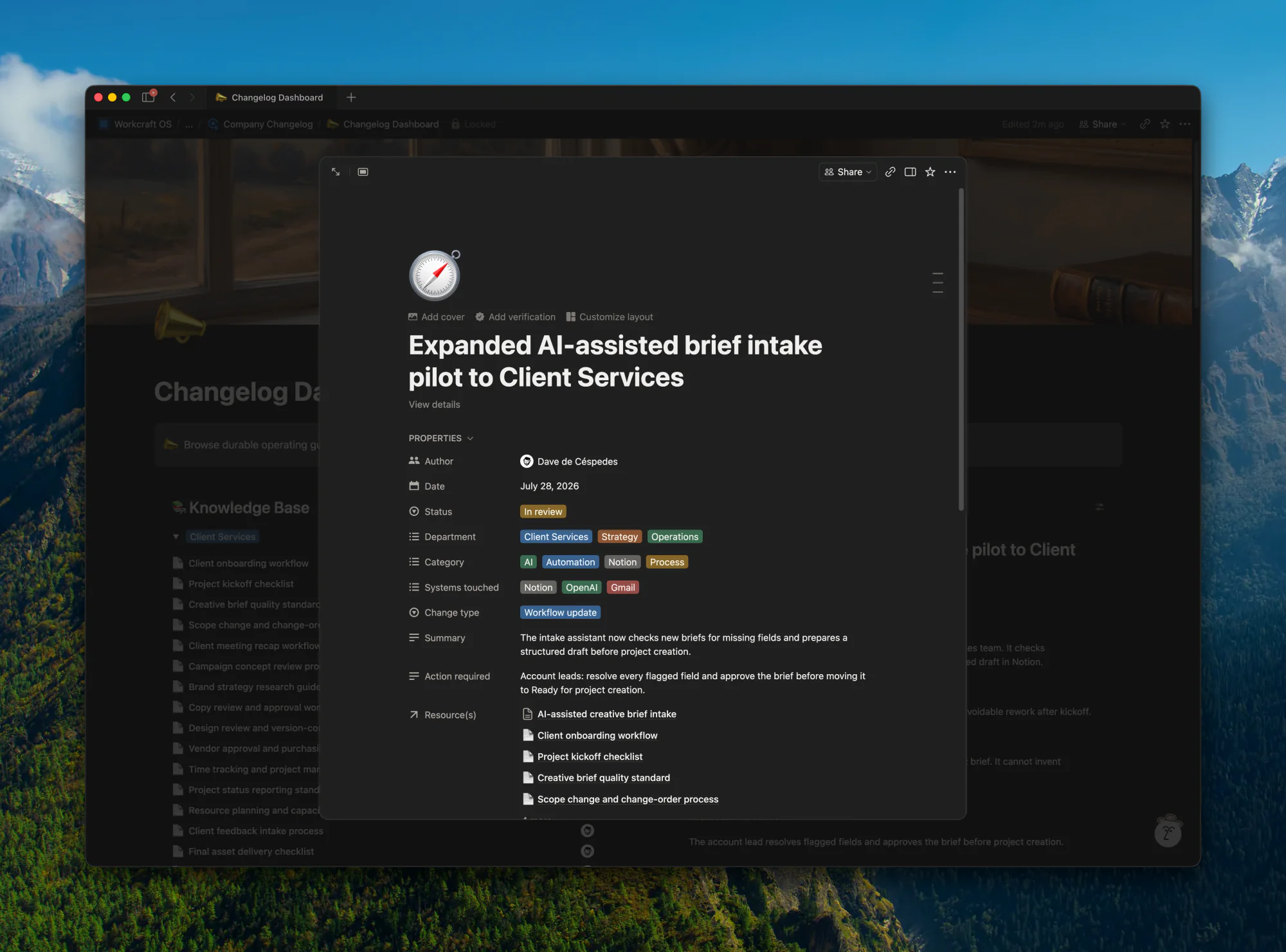 Expanded changelog entry makes ownership, status, affected systems, required action, and linked resources visible.