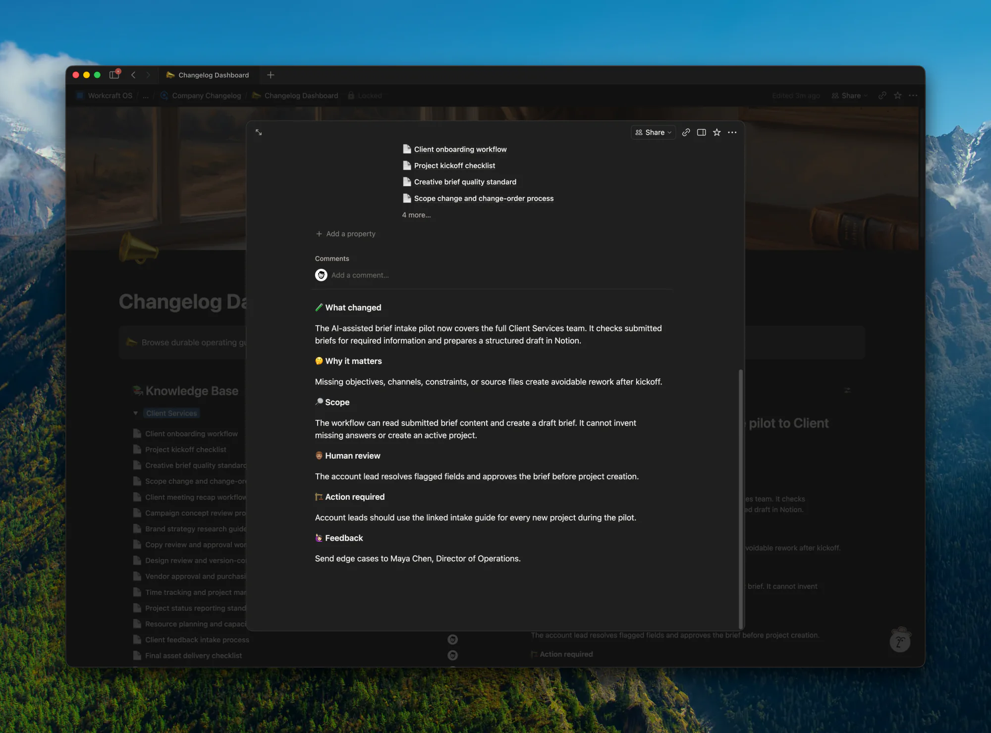 A changelog entry connects linked resources, operating scope, human review, required action, and feedback ownership.