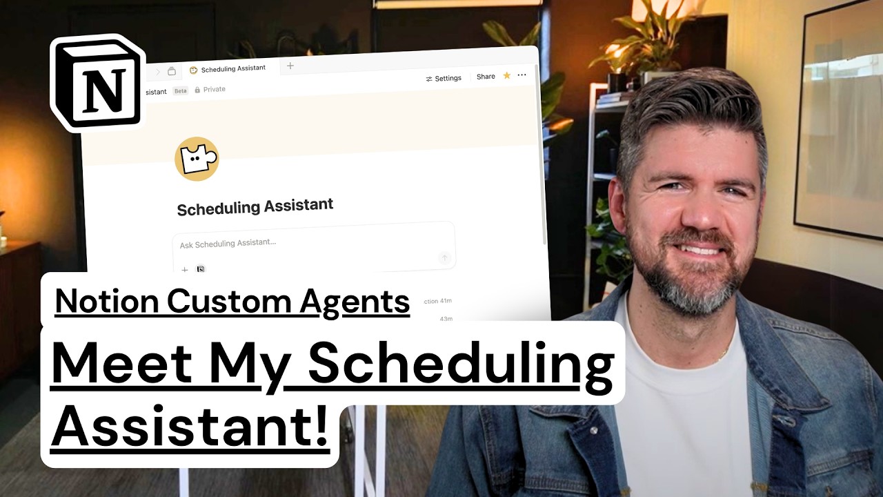 YouTube thumbnail for a Workcraft article about a Notion scheduling assistant custom agent.