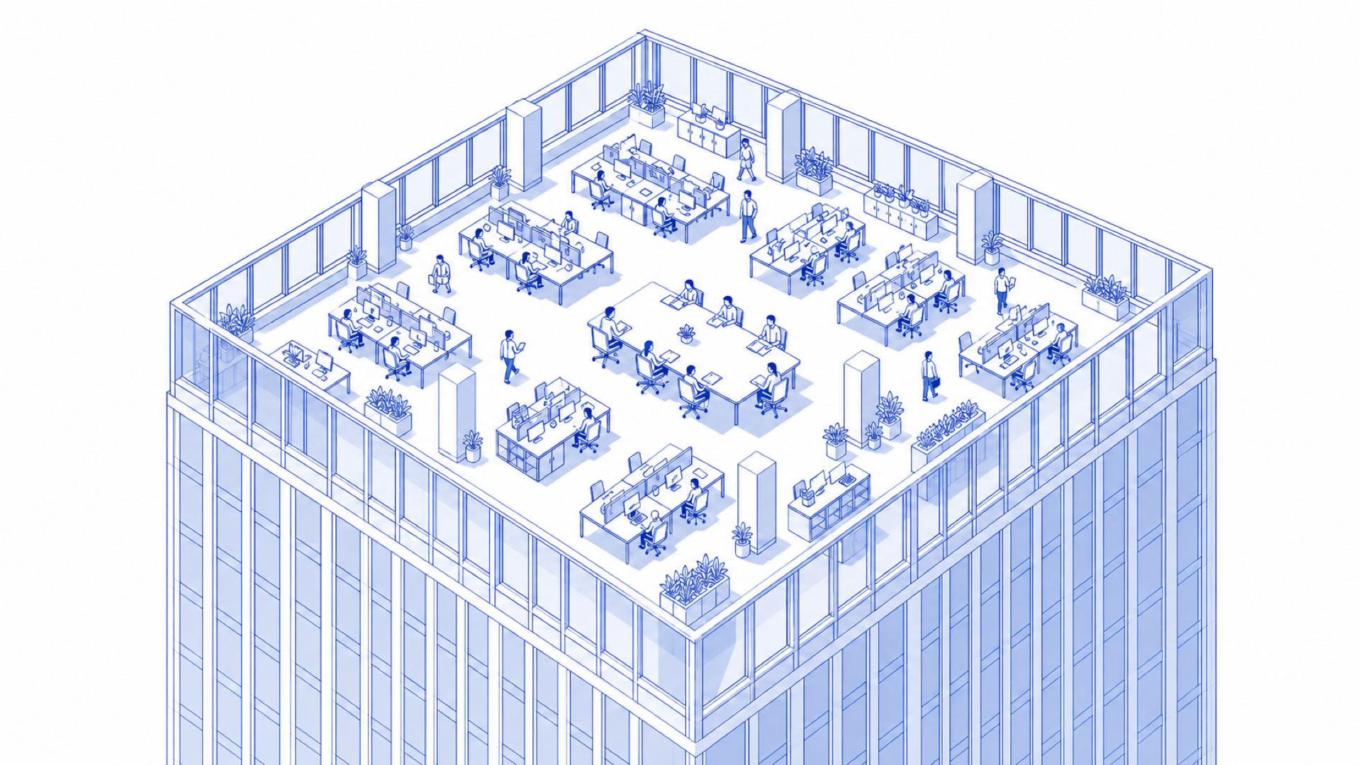 Isometric high-rise office showing teams working at desks and around a central conference table.