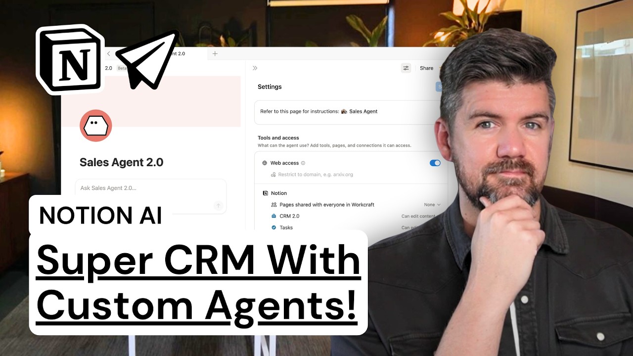 YouTube thumbnail for a Workcraft article about building a Notion CRM with Custom Agents.