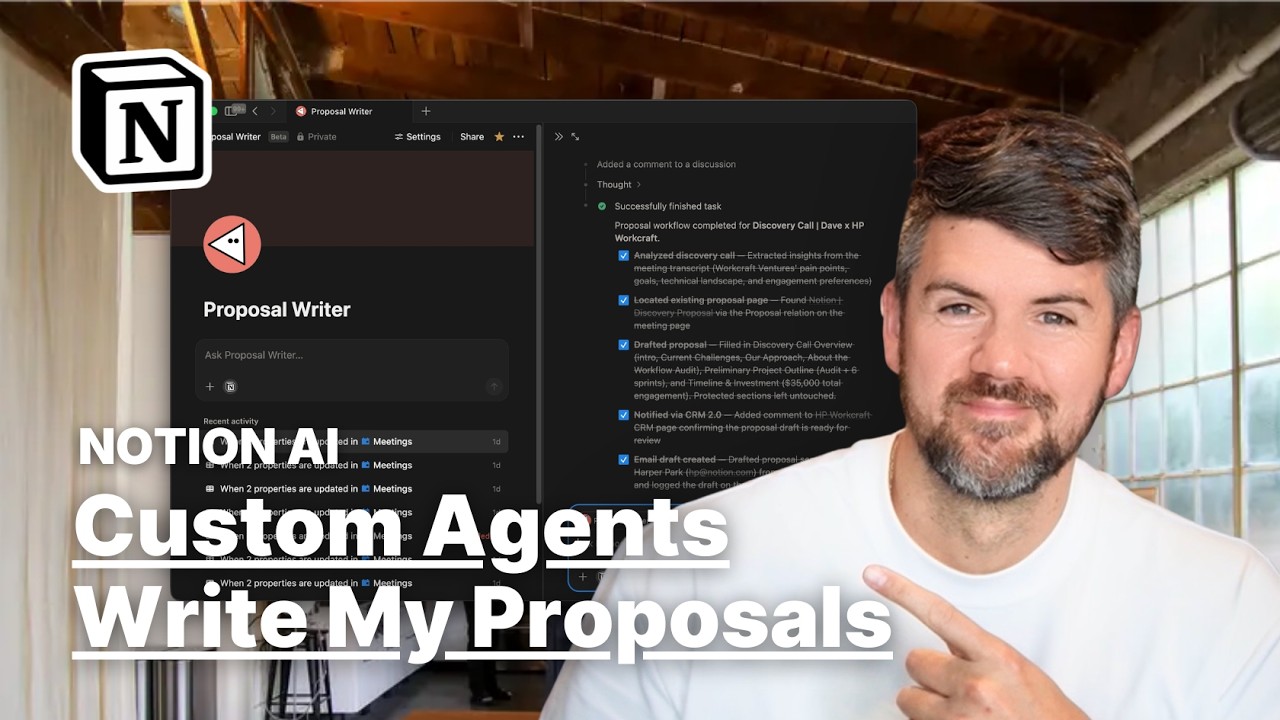 YouTube thumbnail for a Workcraft article about using Notion Custom Agents to draft proposals.