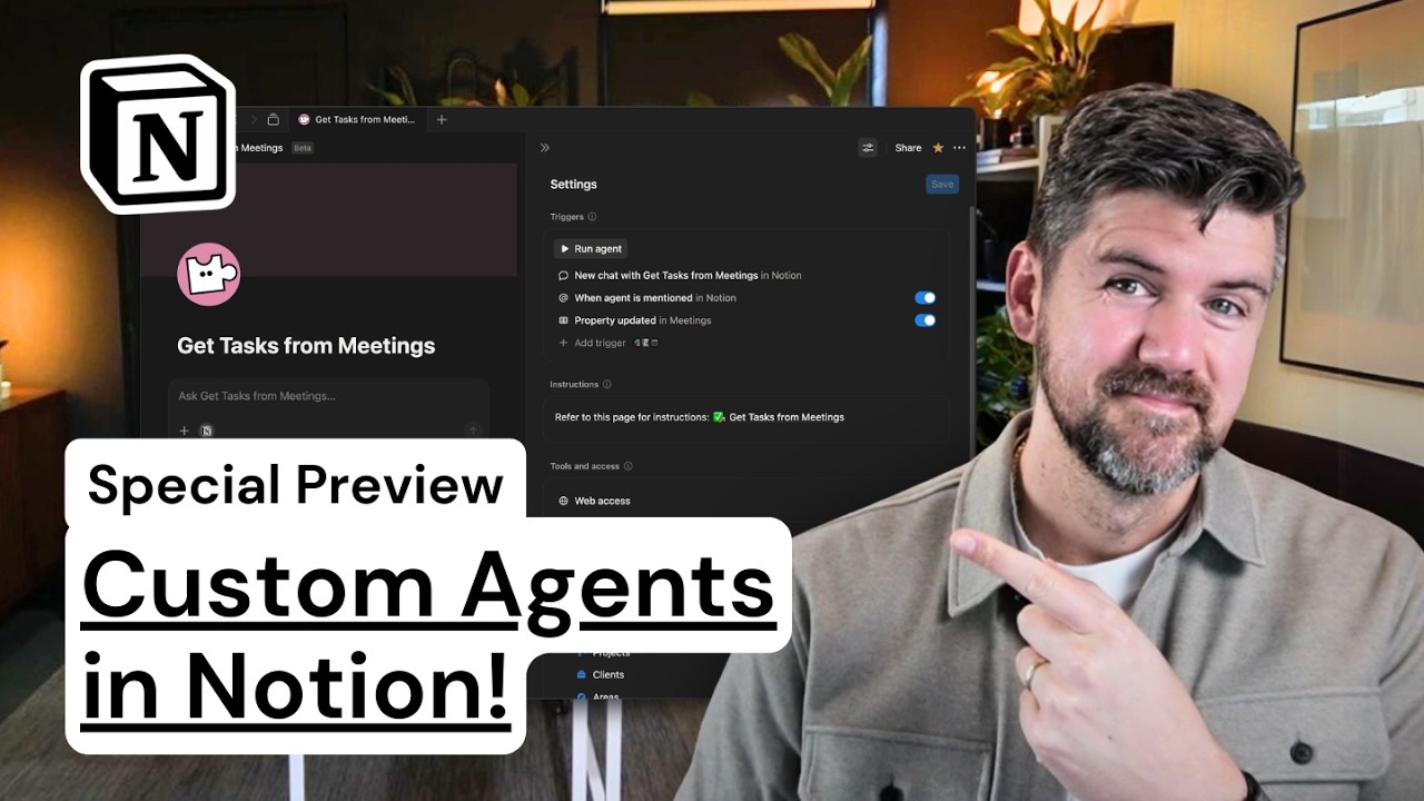 YouTube thumbnail for a Workcraft article about using Notion Custom Agents to turn meeting notes into tasks.