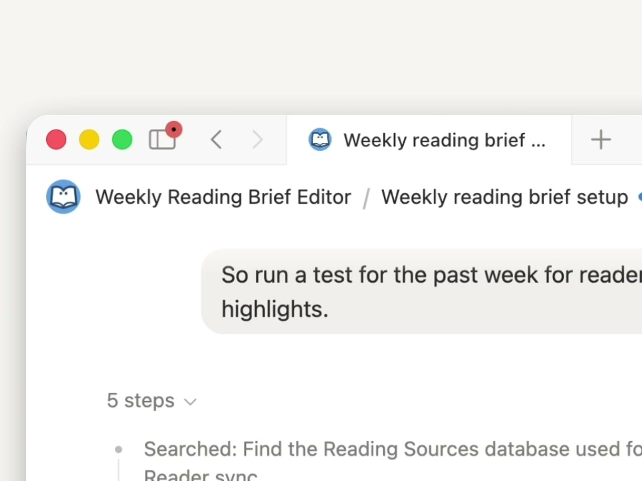 Notion Custom Agent settings with focused access to the reading databases and output page.