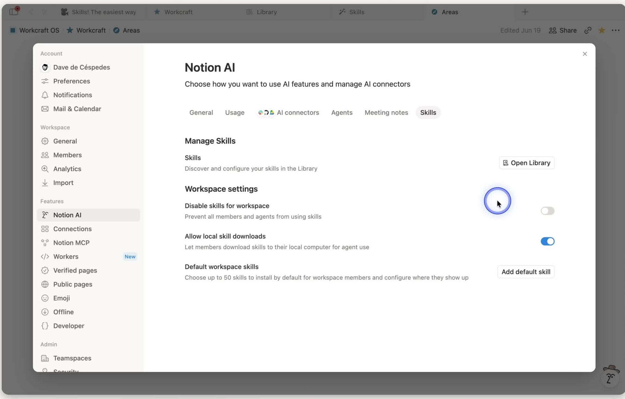 Notion AI Skills settings showing Open Library, Disable skills for workspace, Allow local skill downloads, and Add default skill controls.