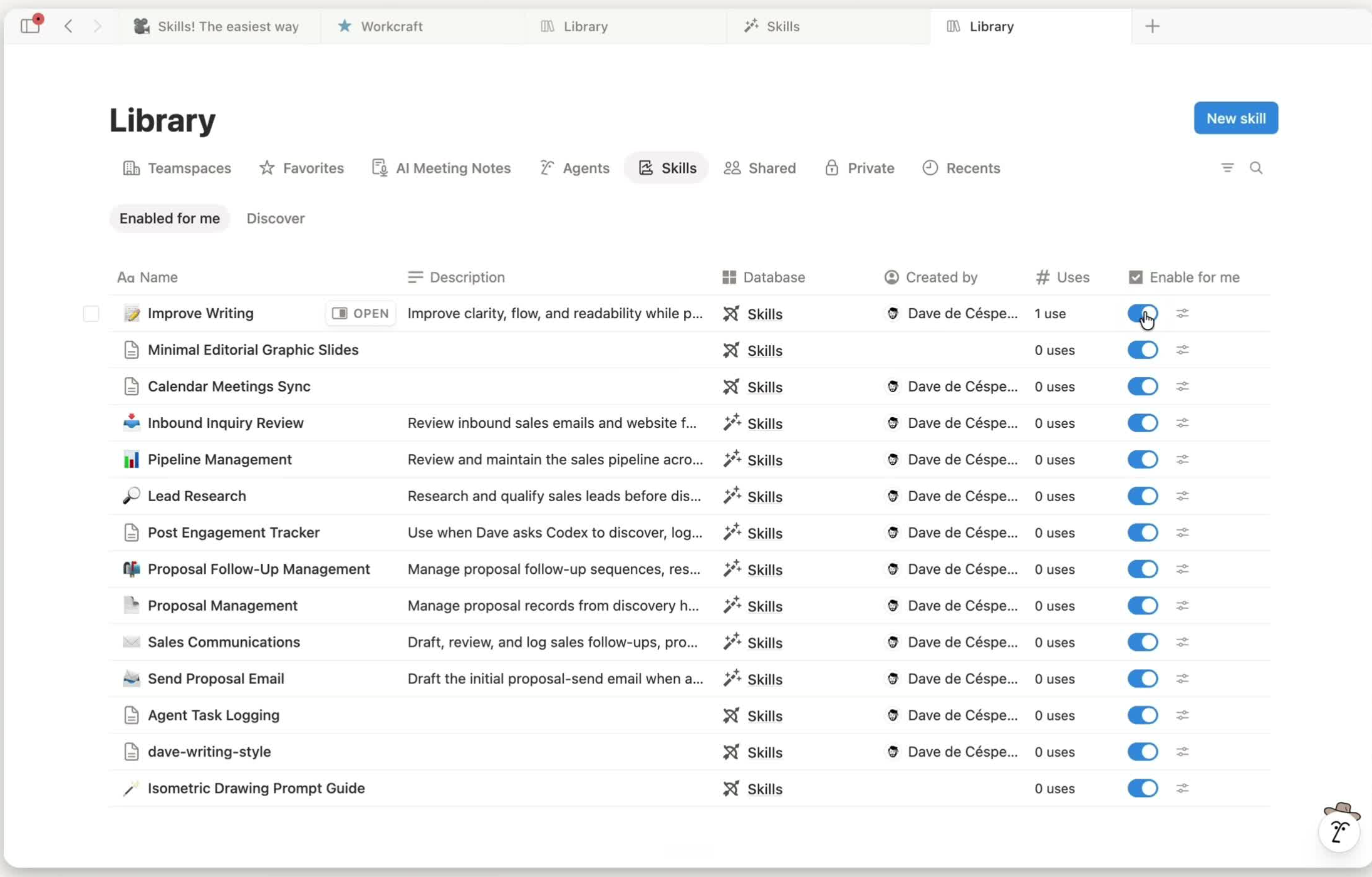 Notion Library Skills tab listing Workcraft Skills with descriptions, creators, usage counts, and enable toggles.
