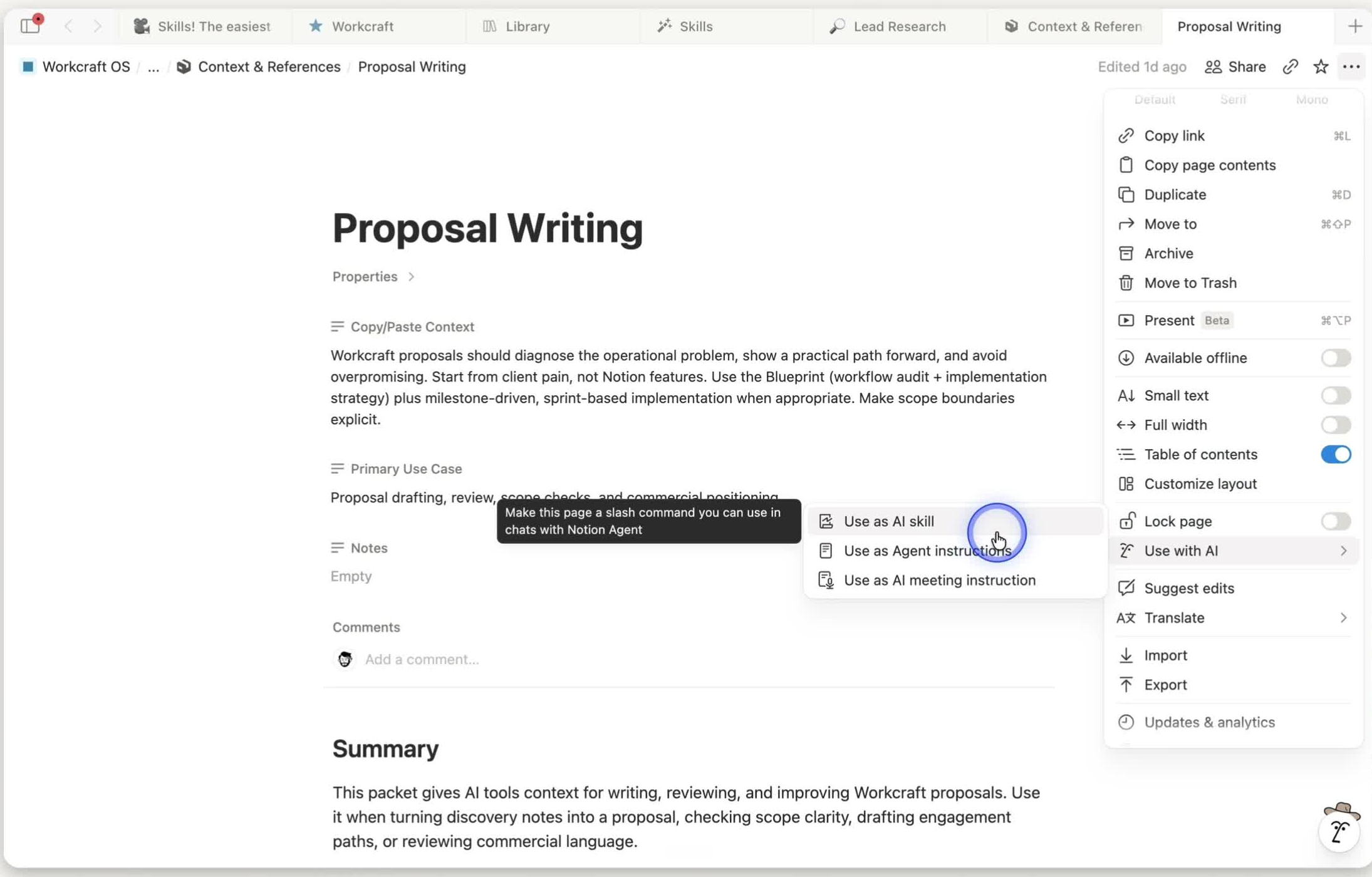 Notion page menu open to Use with AI, with Use as AI skill, Use as Agent instructions, and Use as AI meeting instruction options.