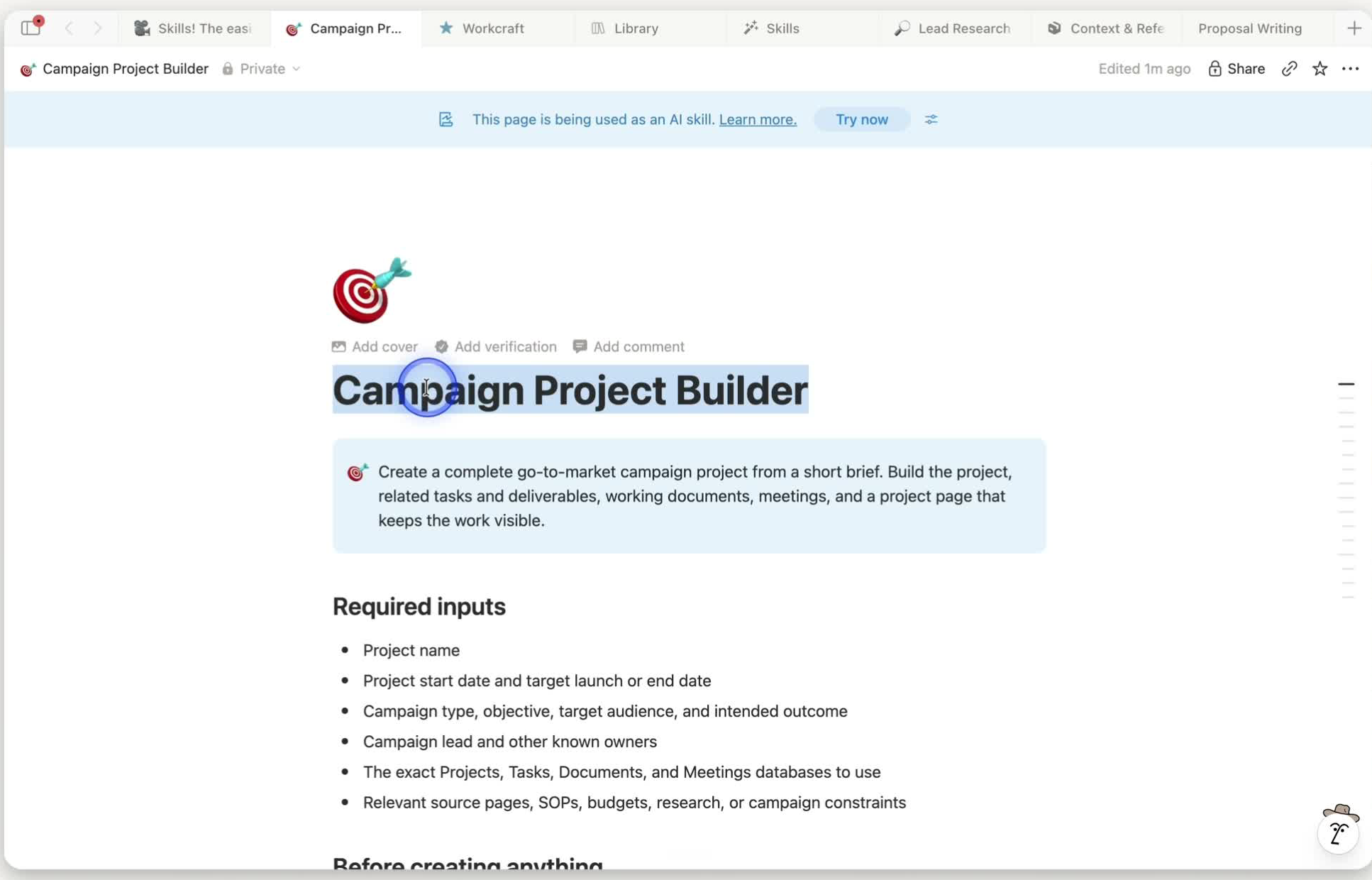 Notion Campaign Project Builder Skill page with an AI Skill banner, workflow outcome, and required inputs.