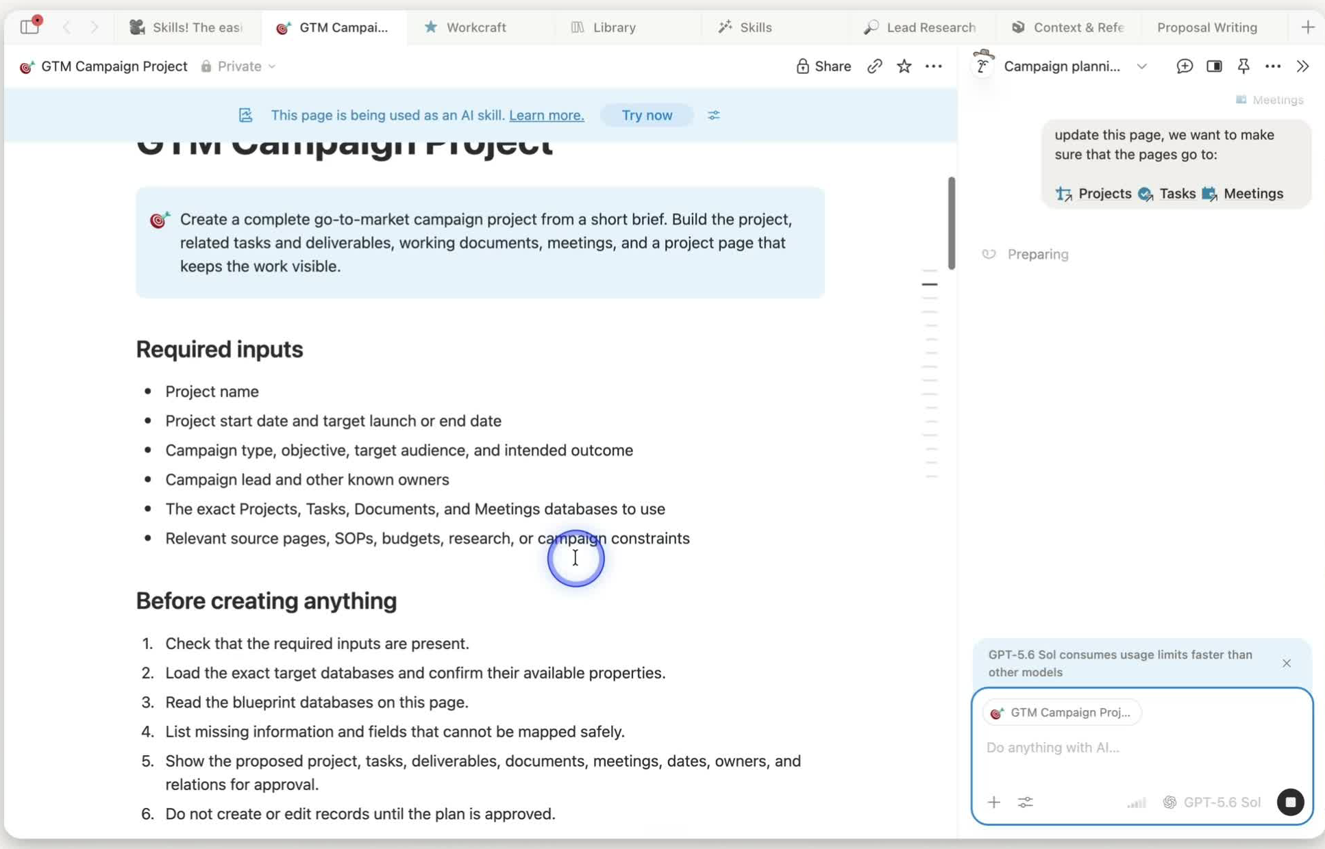GTM Campaign Project Skill showing required inputs and six pre-write guardrails while Notion AI references Projects, Tasks, and Meetings.