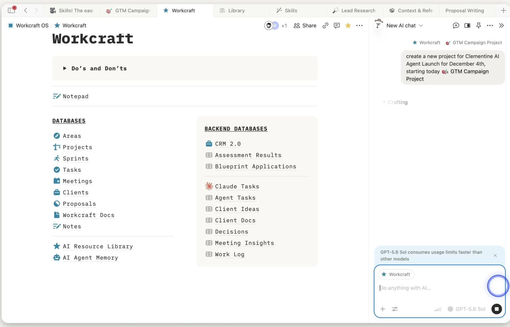 Notion AI sidebar showing a project-creation prompt with the GTM Campaign Project Skill referenced inline.