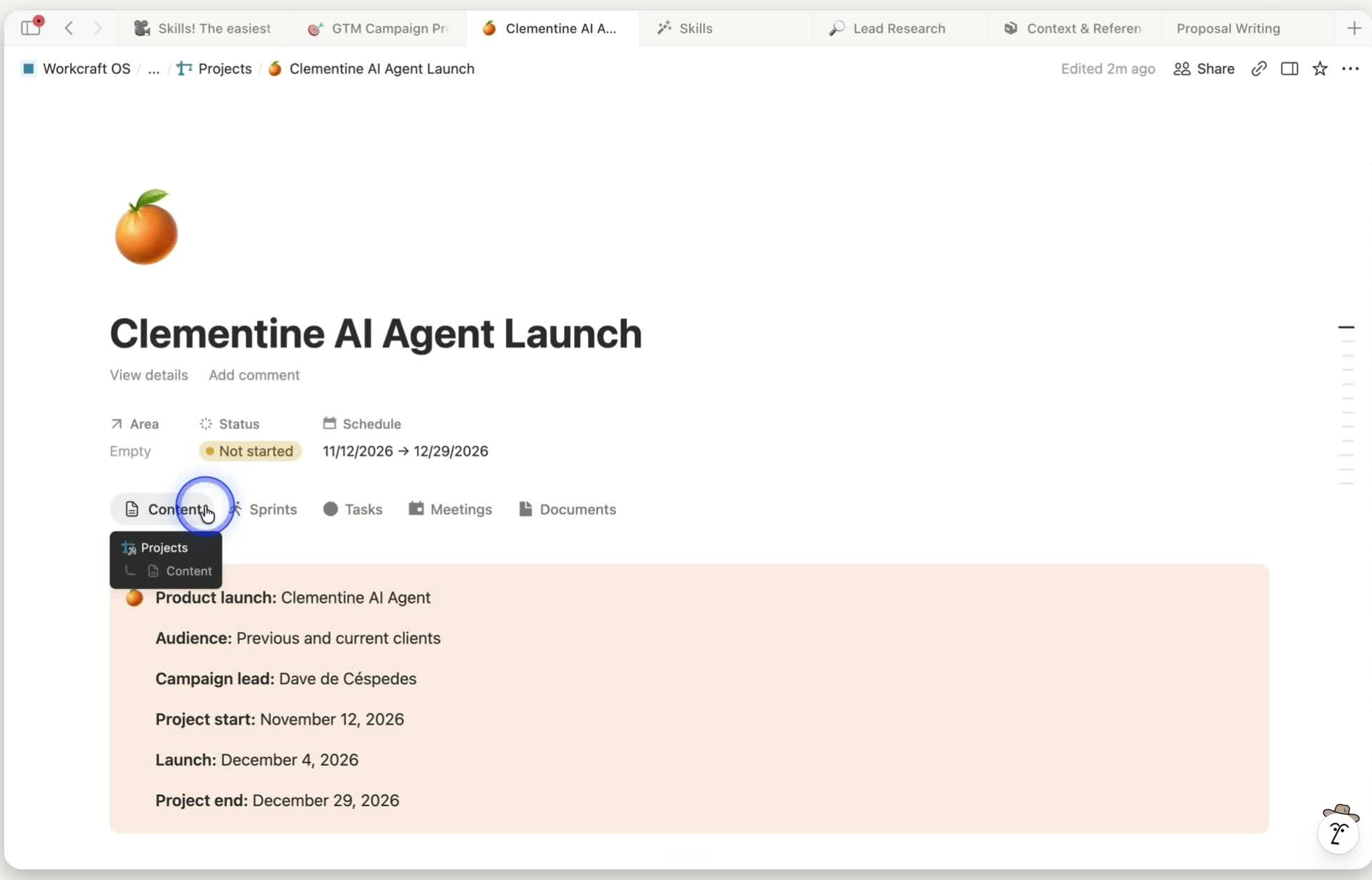 Created Clementine AI Agent Launch project page with schedule, status, campaign details, and linked project tabs.
