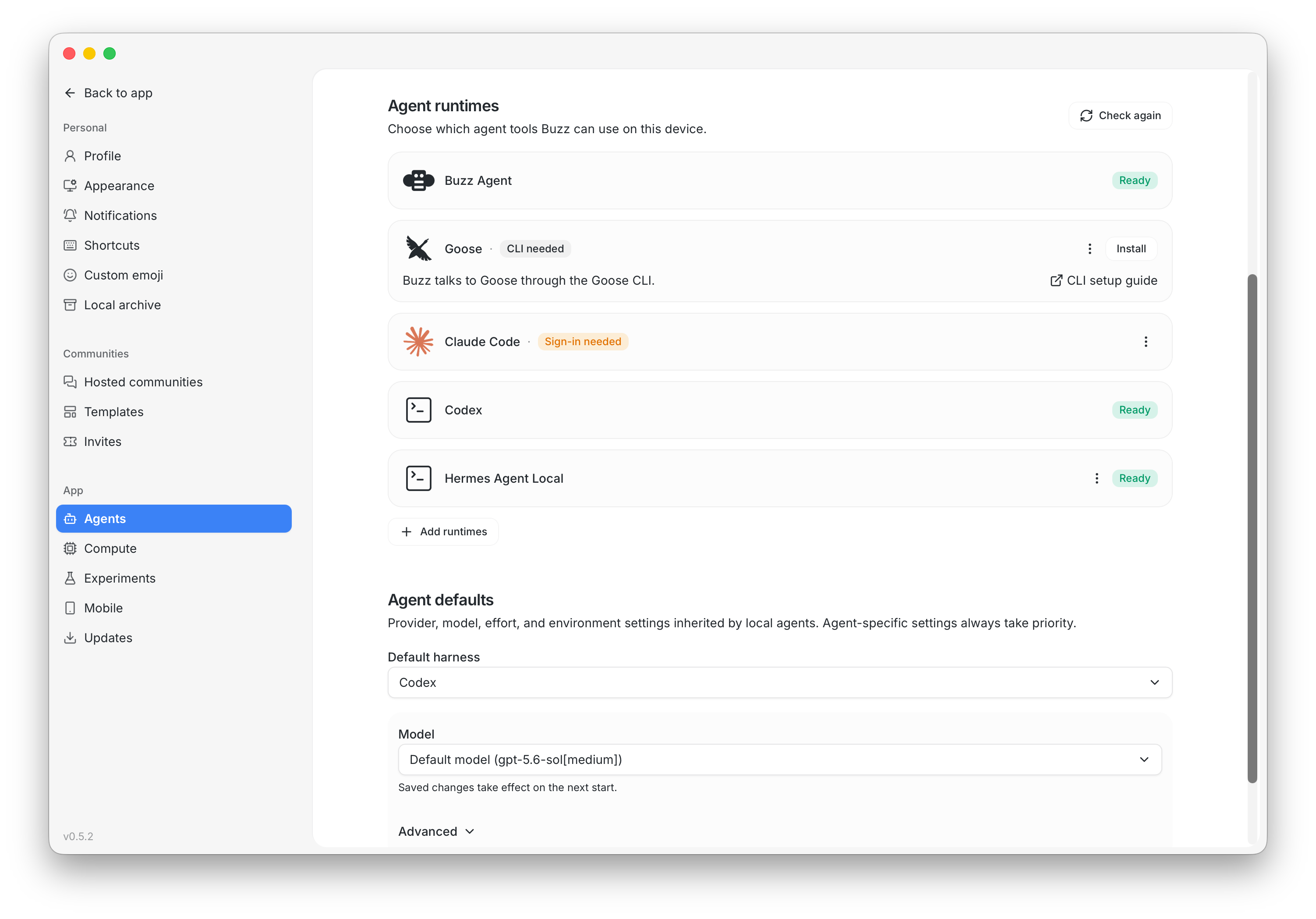 Buzz agent runtime options for Goose, Codex, Claude Code, and Hermes.